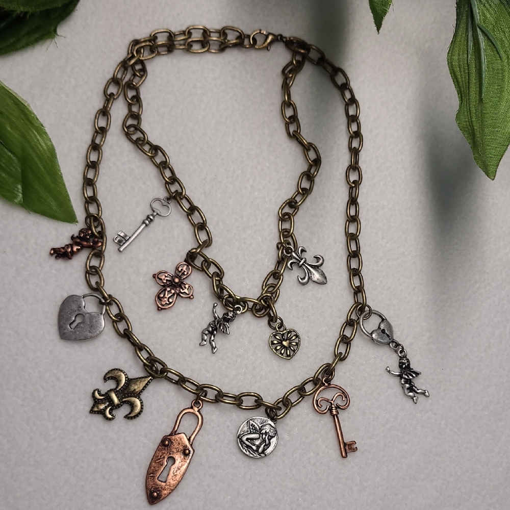 Charms Pendant Necklace 2 Strand Lock Key Fleur-de-lis Cherub Gold Silver Bronze - Picture 2 of 10